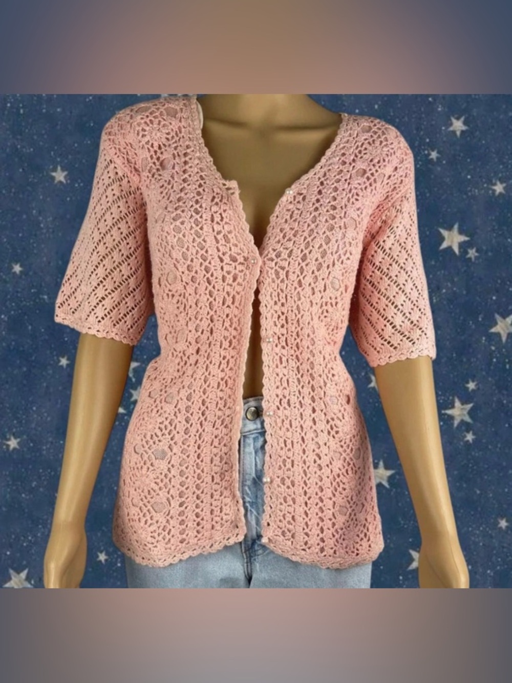 Jaclyn Smith Pink Crochet Open-Front Cardigan